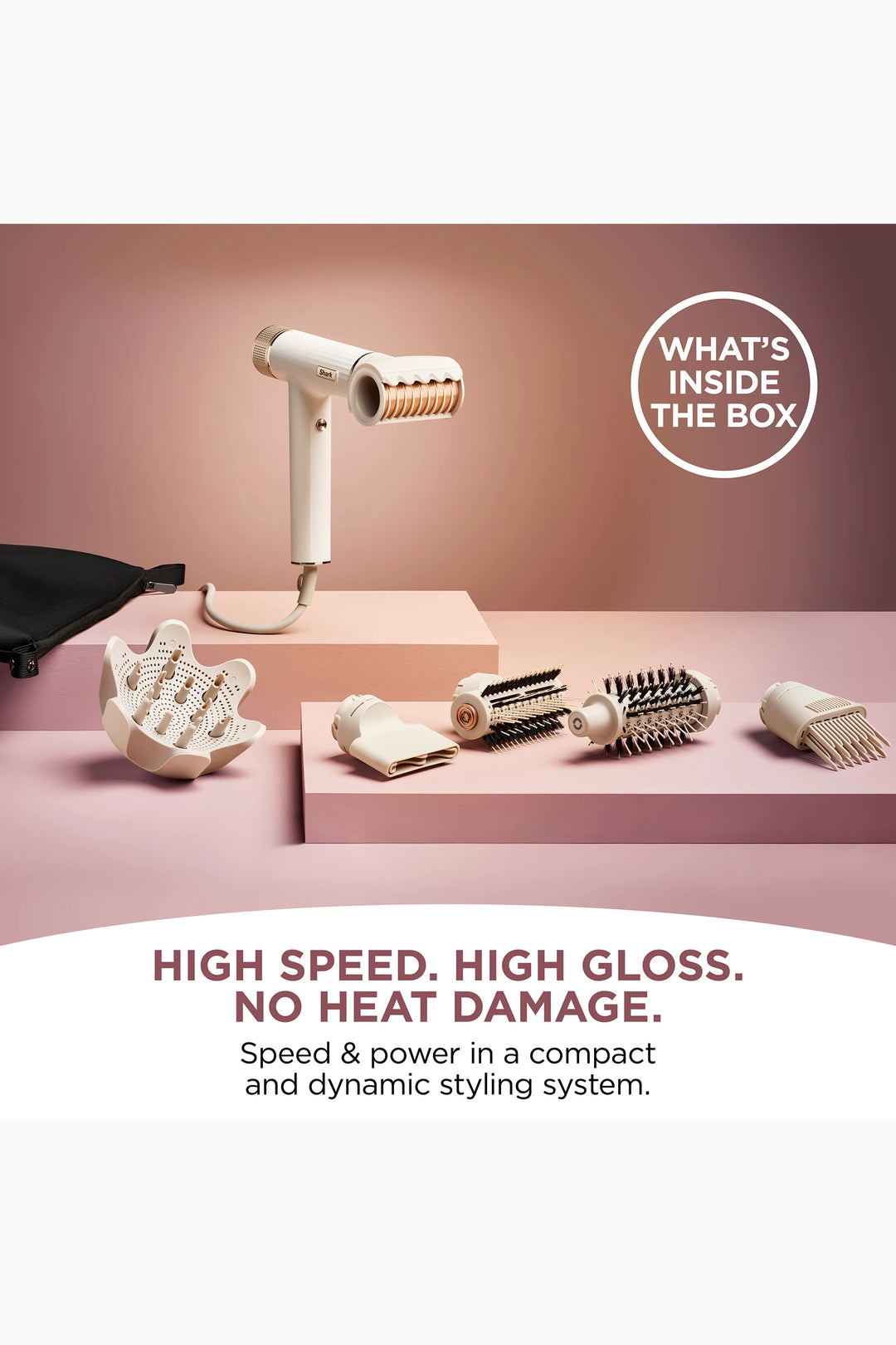 Shark SpeedStyle RapidGloss Finisher, High-Velocity Hair Dryer and 5 Styling Attachments, White, HD352ME - GLAM MODA