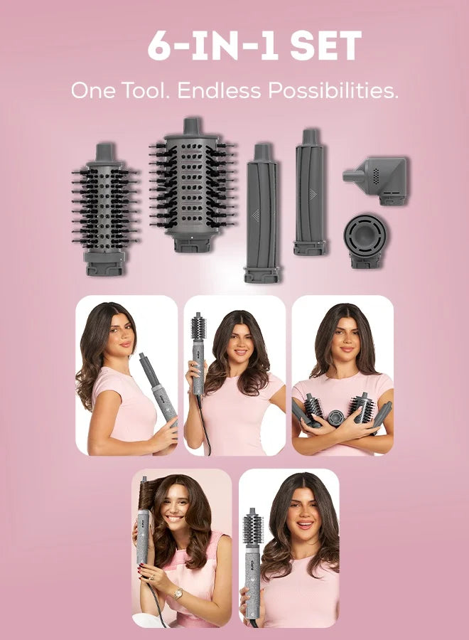 Clara Multi Styler For All Hair Types 6-In-1 Styling Tool With Auto-Wrap Curlers, Blow Dryer, Round &Amp; Oval Brush ? 1500w Ionic Hair Styler For Frizz-Free Waves &Amp; Salon Blowouts (Diamond Silver) Diamond Silver - GLAM MODA