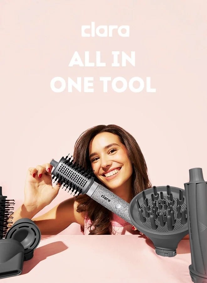 Clara Multi Styler For All Hair Types 6-In-1 Styling Tool With Auto-Wrap Curlers, Blow Dryer, Round &Amp; Oval Brush ? 1500w Ionic Hair Styler For Frizz-Free Waves &Amp; Salon Blowouts (Diamond Silver) Diamond Silver - GLAM MODA