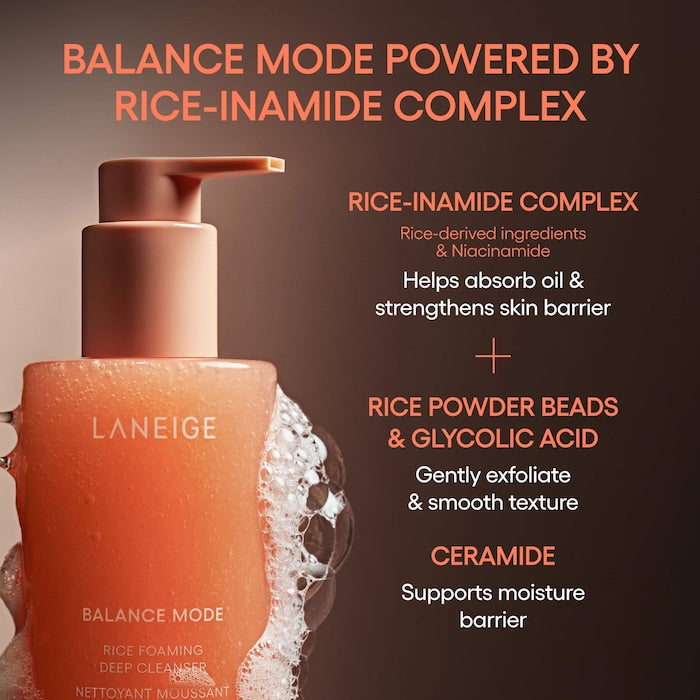 Balance Mode Rice Foaming Gel Cleanser with Glycolic Acid to Control Shine & Unclog Pores - GLAM MODA