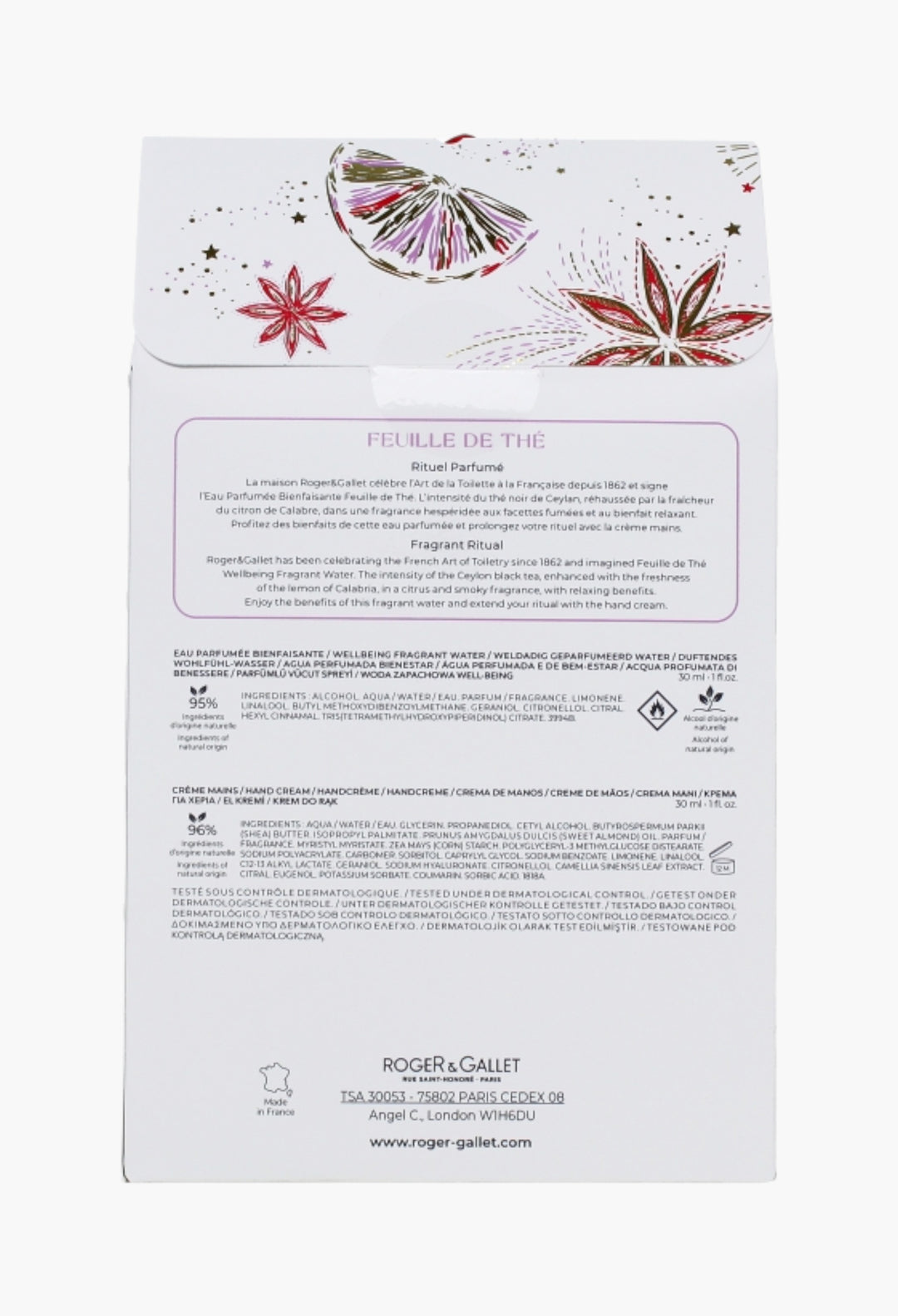 Feuille De Thé Christmas Gift Set 2023 - Hydrating Hand Cream & Fragrant Water With Calabrian Lemon, Ceylon Black Tea, Sandalwood