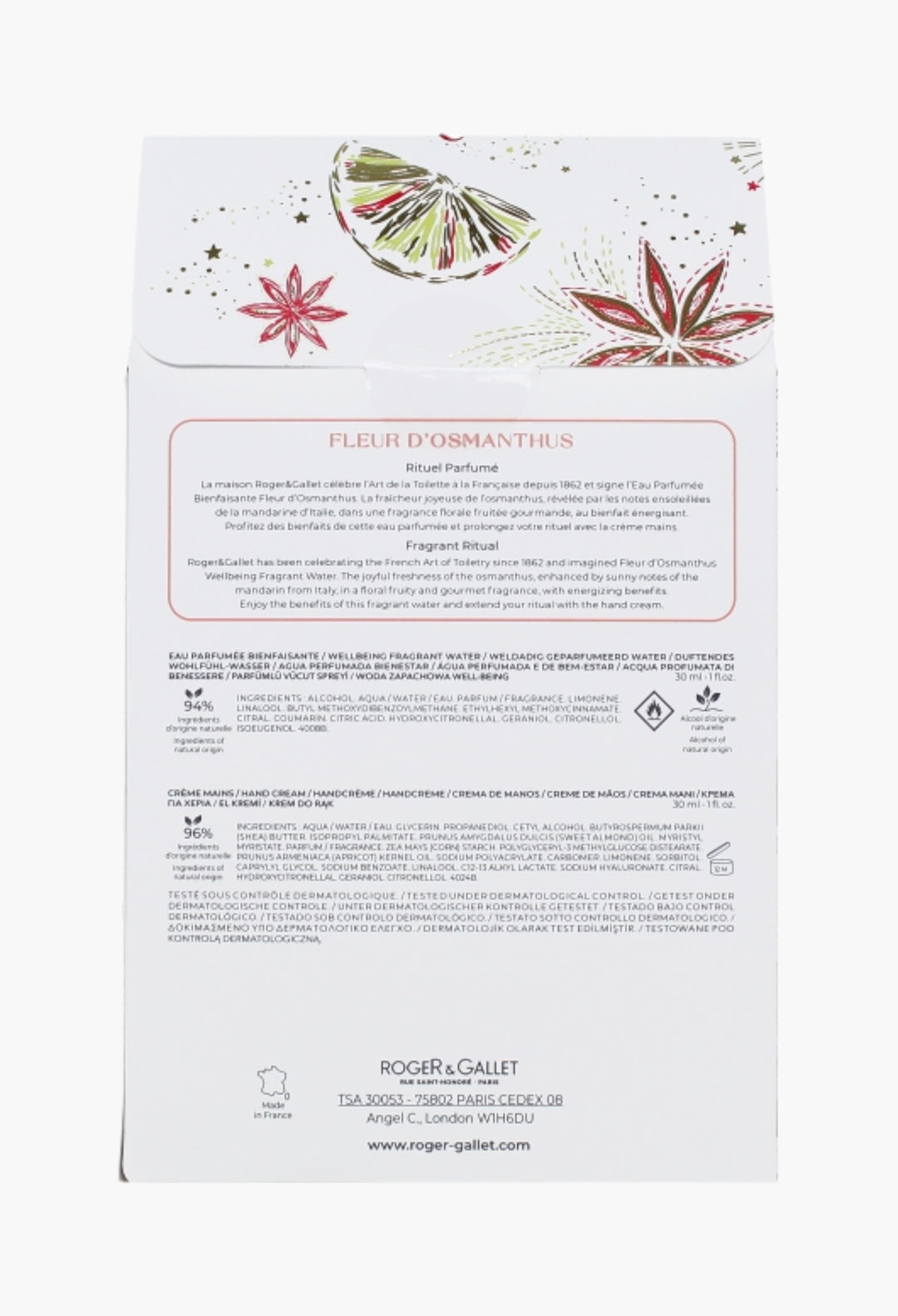 Fleur D'osmanthus Christmas Gift Set 2023 - Floral Elegance With Osmanthus & Shea Butter - 30ml Wellbeing Water & 30ml Hand Cream