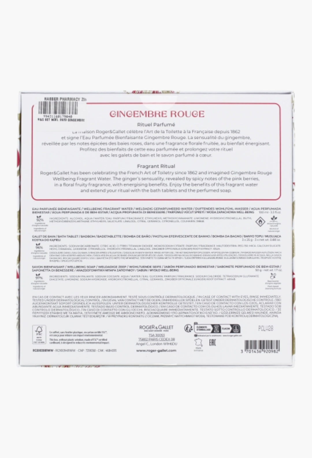 Gingembre Rouge Fragrant Water Gift Set - Uplifting Scent With Pink Berries, Ginger, And Benzoin - 3.3 Oz Water, 1.7 Oz Soap, Bath Tablets
