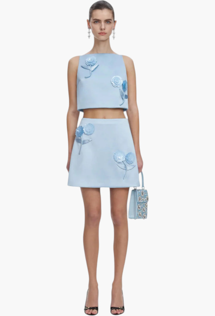 Blue Satin 3D Sequin Flower Top - GLAM MODA