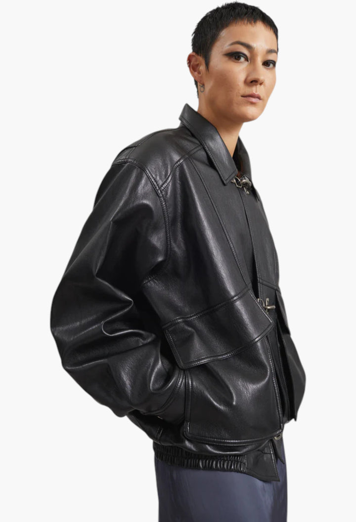 Utrecht Faux Leather Buckle Jacket - Black - GLAM MODA