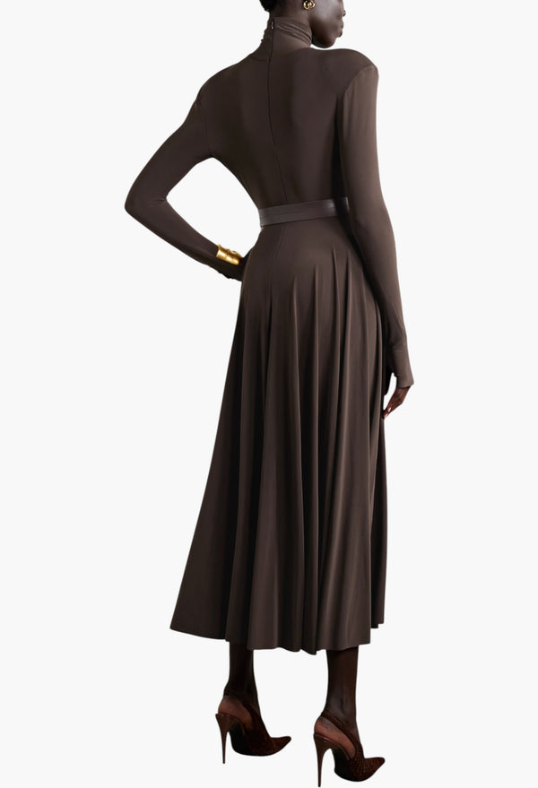 Belted Stretch-Jersey Turtleneck Midi Dress