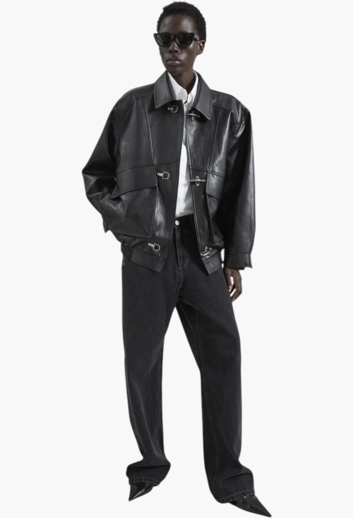 Utrecht Faux Leather Buckle Jacket - Black - GLAM MODA