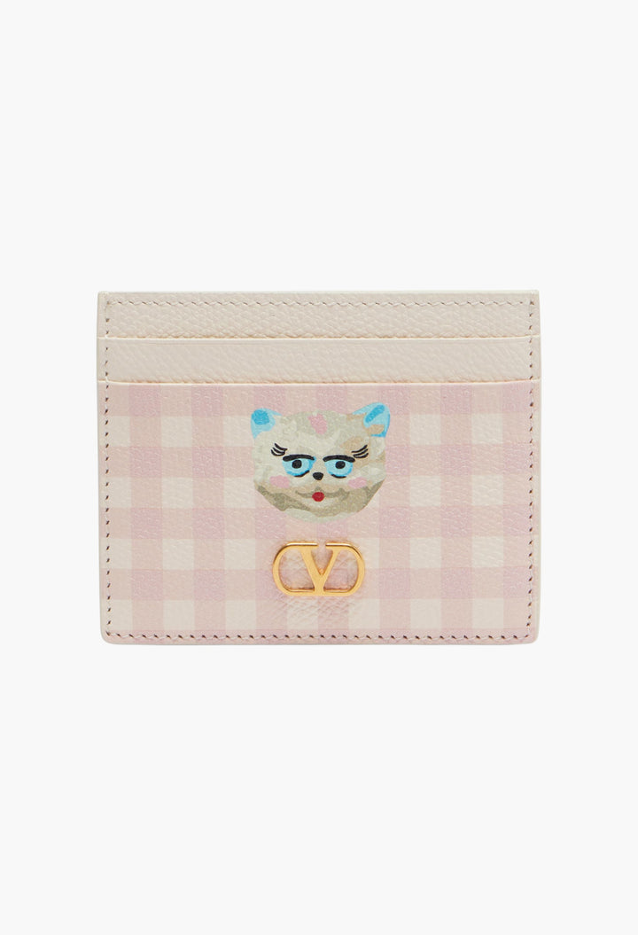 VLogo checked leather card holder - GLAM MODA