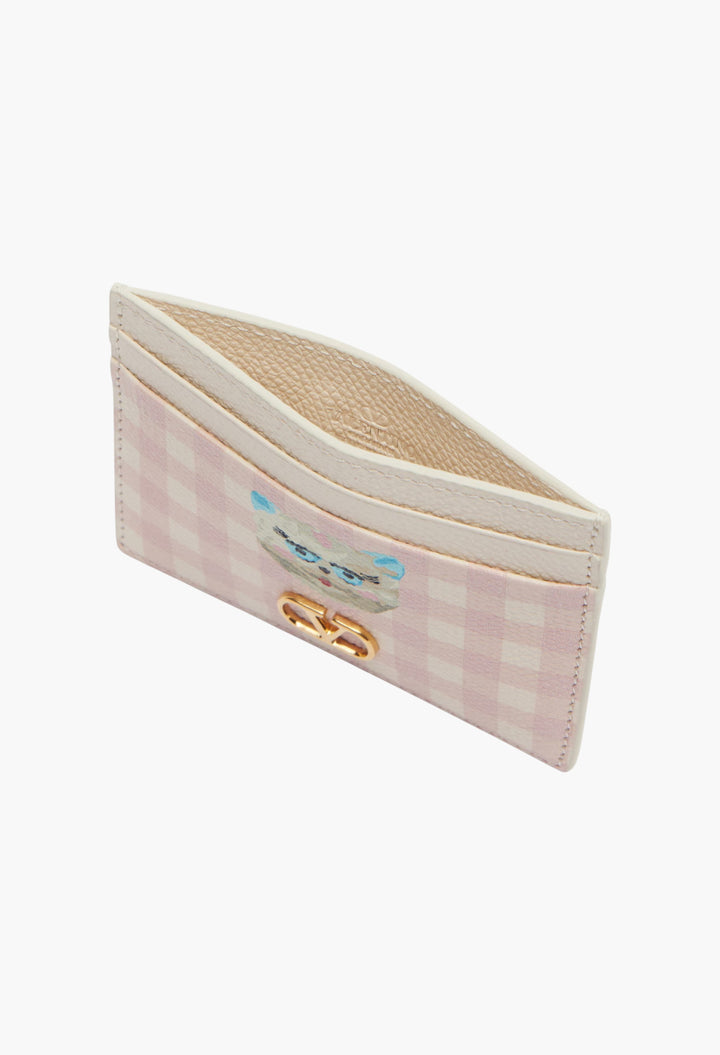 VLogo checked leather card holder - GLAM MODA