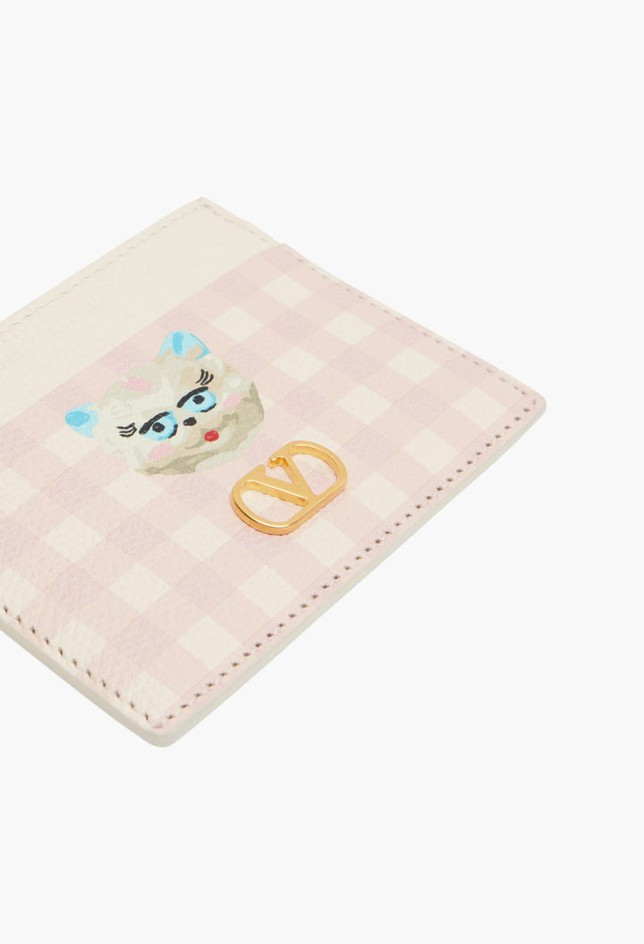 VLogo checked leather card holder - GLAM MODA