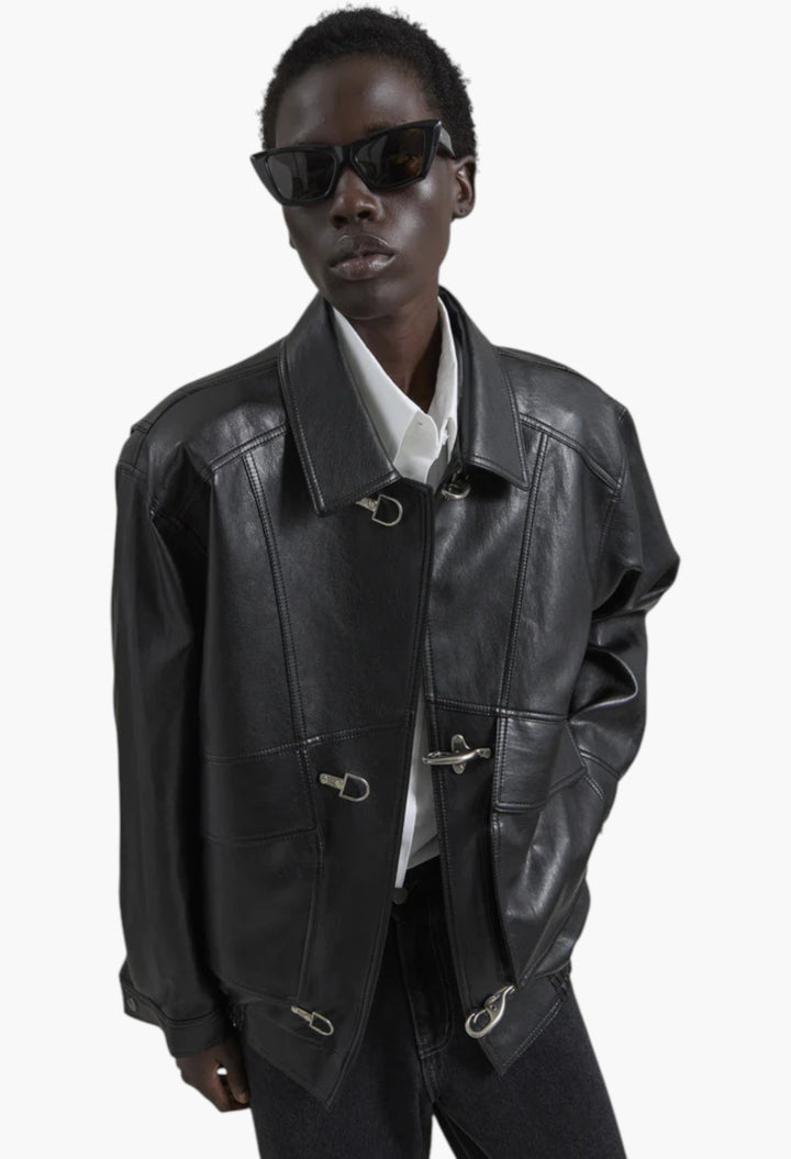 Utrecht Faux Leather Buckle Jacket - Black - GLAM MODA