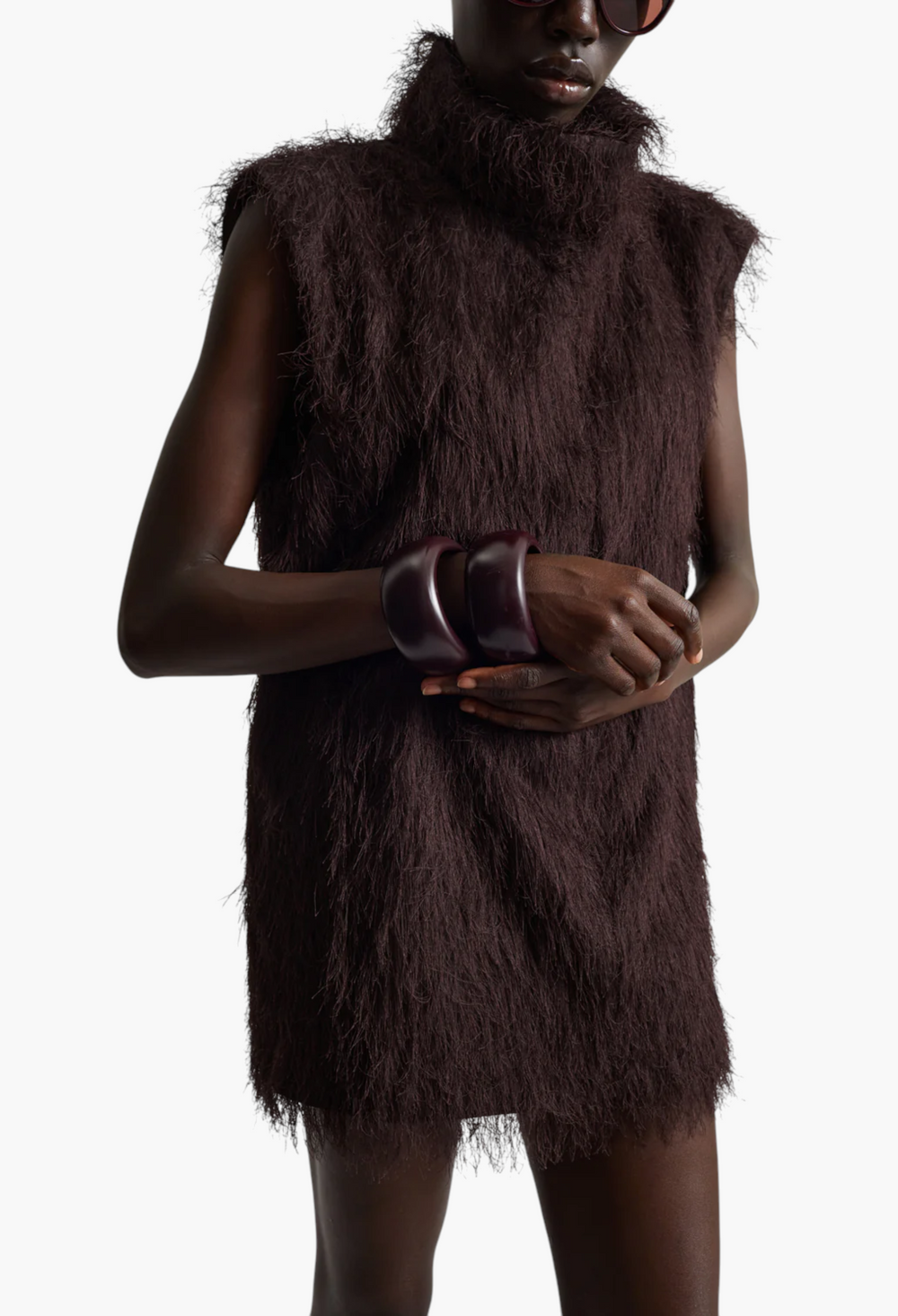 Lancy Fringed Funnel Neck Dress - Dark Brown - GLAM MODA