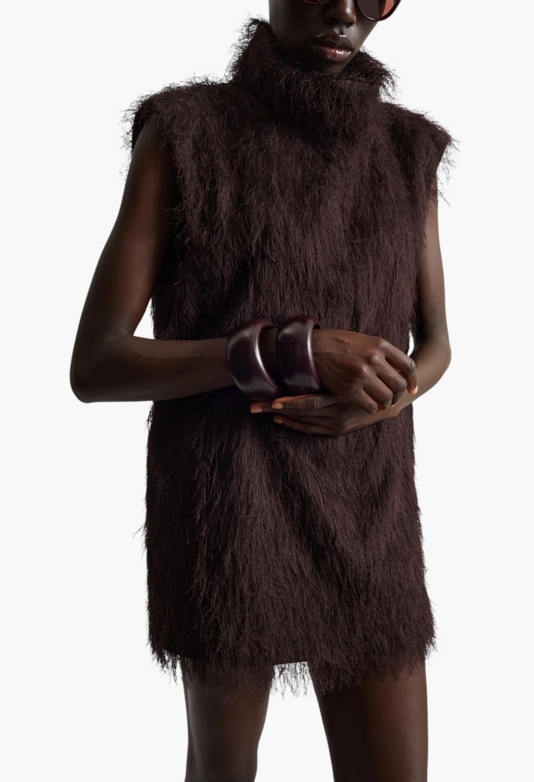 Lancy Fringed Funnel Neck Dress - Dark Brown - GLAM MODA