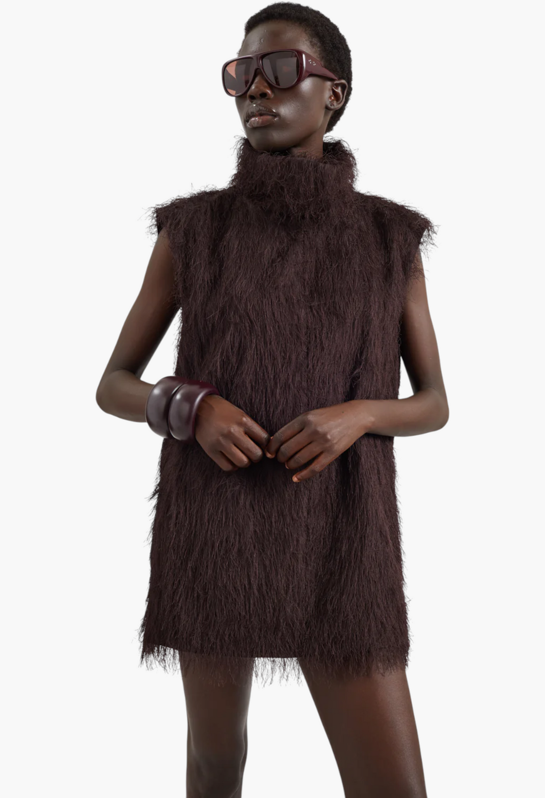 Lancy Fringed Funnel Neck Dress - Dark Brown - GLAM MODA