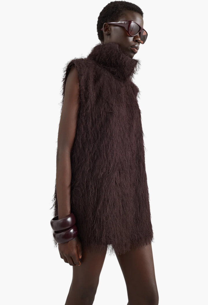 Lancy Fringed Funnel Neck Dress - Dark Brown - GLAM MODA