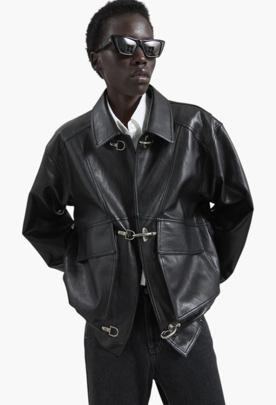 Utrecht Faux Leather Buckle Jacket - Black - GLAM MODA