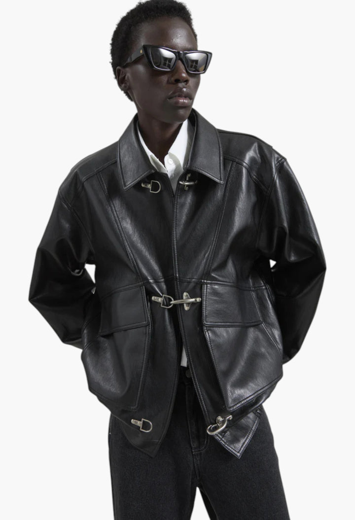 Utrecht Faux Leather Buckle Jacket - Black - GLAM MODA