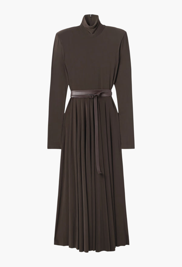 Belted Stretch-Jersey Turtleneck Midi Dress