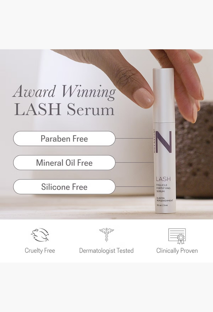 GLAM MODA NULASTIN lash follicle fortifying serum in a white tube held by a hand, highlighting paraben-free benefits.