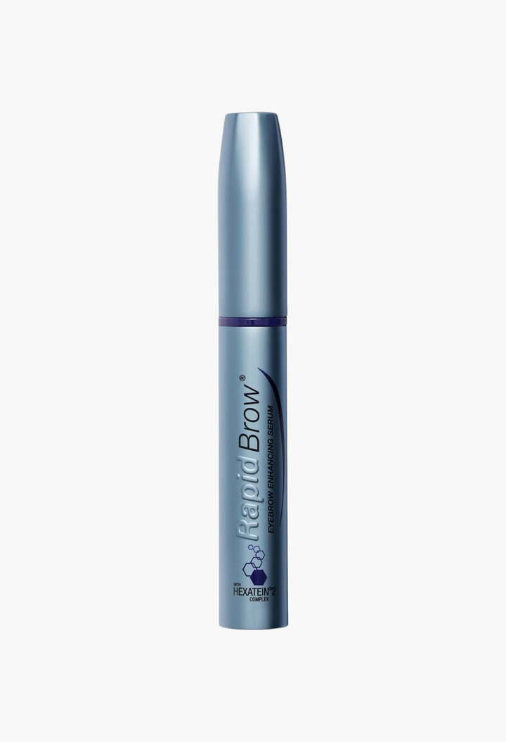 GLAM MODA RapidBrow eyebrow enhancing serum in a sleek blue tube with Hexatein 2 complex for fuller looking brows.