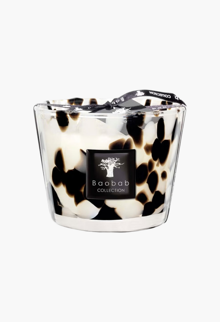 GLAM MODA Baobab Collection Pearls Black Classique scented candle in hand-blown glass with black and white patterns.