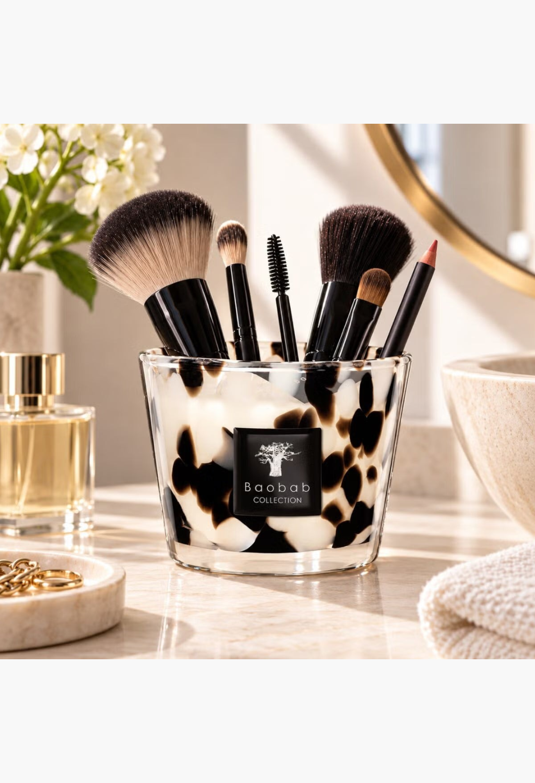GLAM MODA Baobab Collection Pearls Black Classique candle holder repurposed as a chic makeup brush organizer