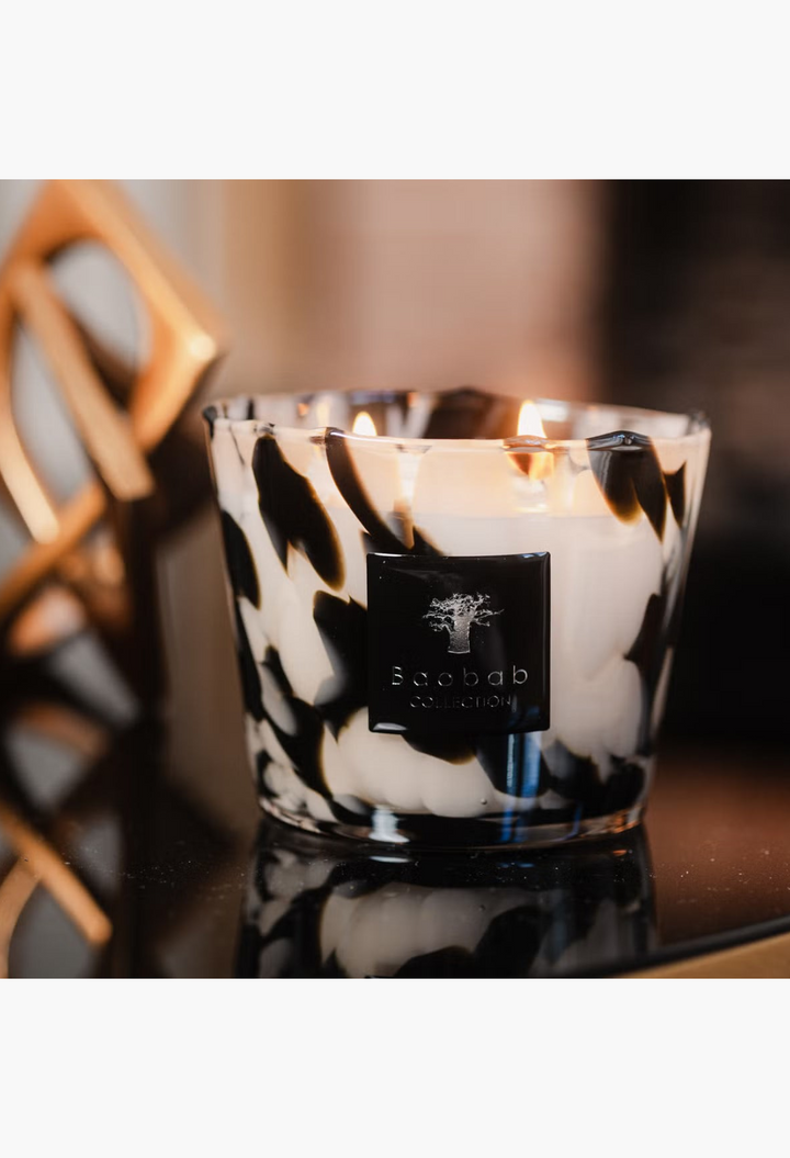 GLAM MODA Baobab Collection Black Pearls scented candle in hand-blown glass with black and white marbled patterns
