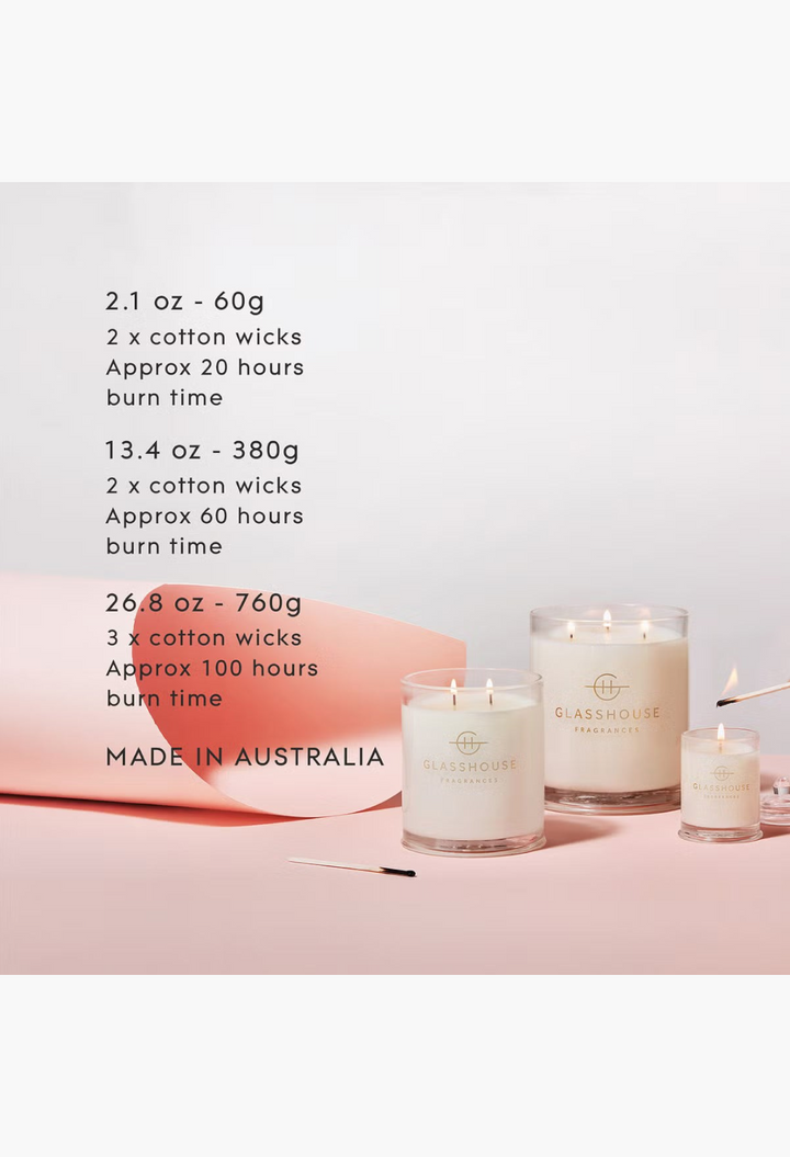 GLAM MODA Glasshouse Fragrances Flower Therapy soy wax candles in three sizes with cotton wicks and floral scent