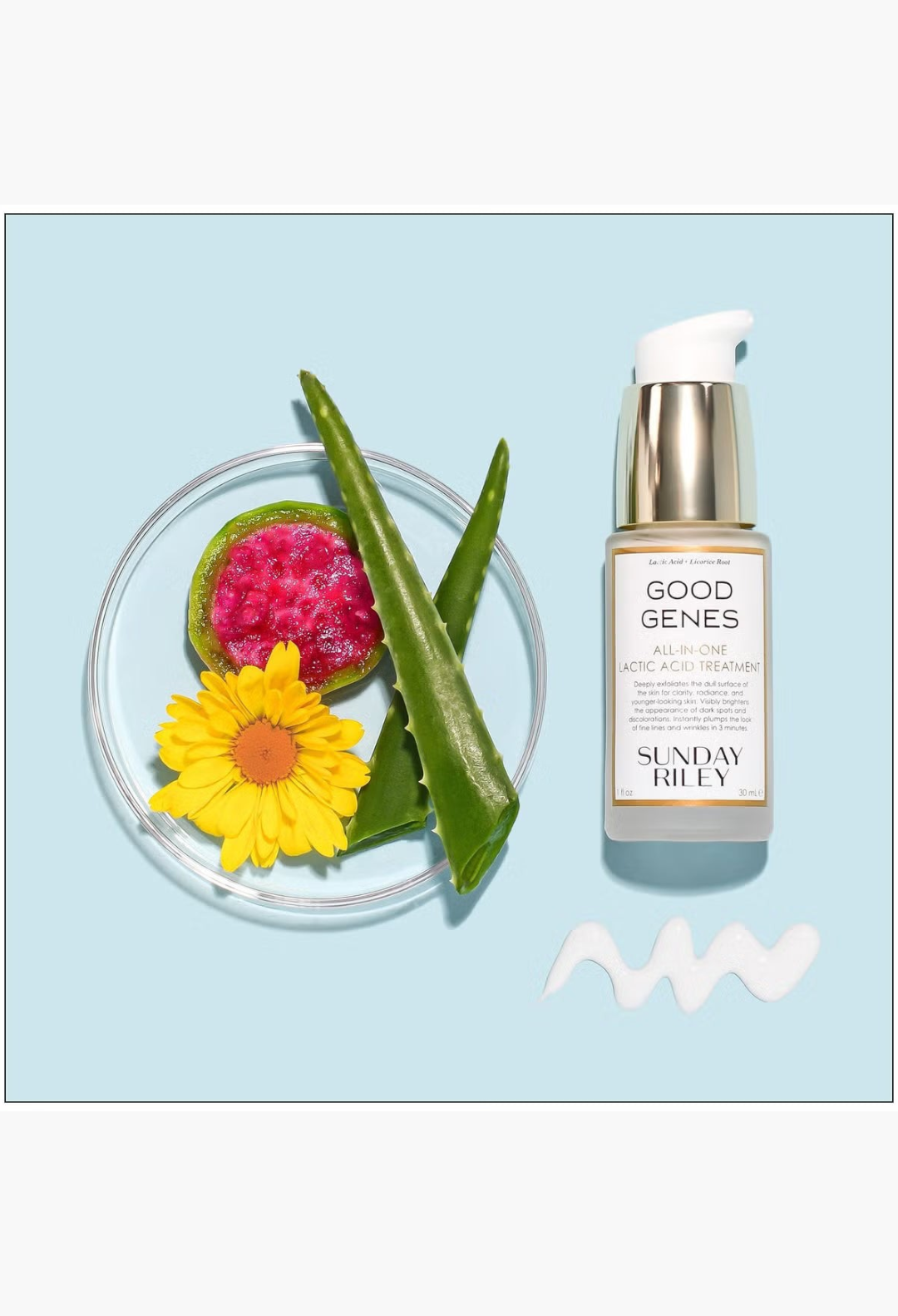 GLAM MODA Sunday Riley Good Genes lactic acid treatment bottle with aloe, prickly pear, and flower on blue background