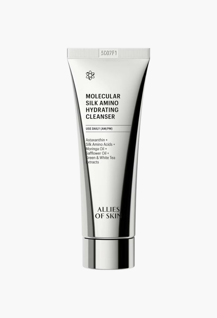 GLAM MODA Allies of Skin Molecular Silk Amino Hydrating Cleanser in a silver squeeze tube with black text.