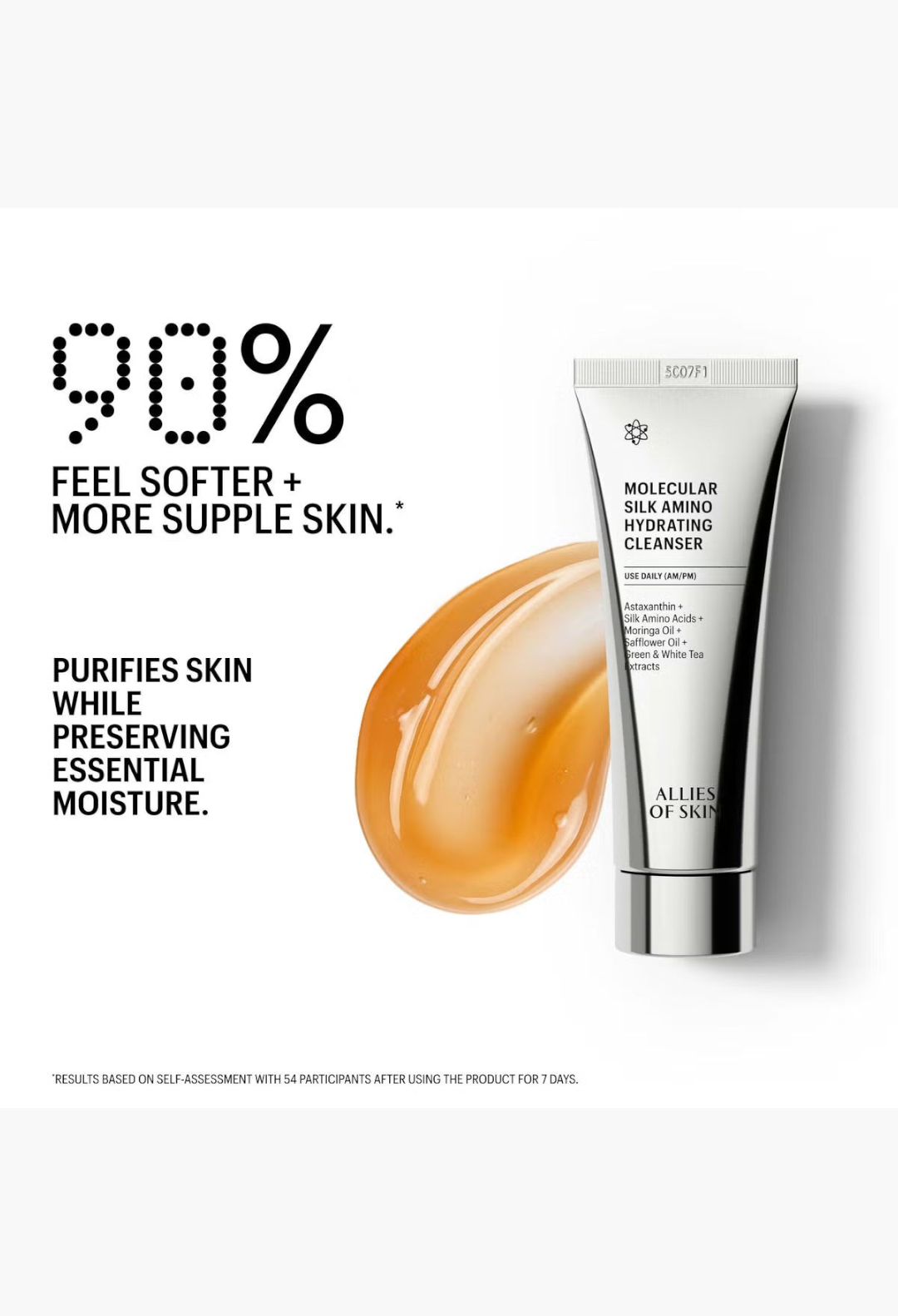 GLAM MODA Allies of Skin Molecular Silk Amino Hydrating Cleanser tube with a swatch of the gel texture.