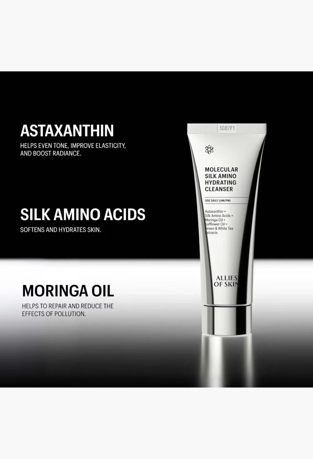 GLAM MODA Allies of Skin Molecular Silk Amino Hydrating Cleanser tube with key ingredient benefits listed