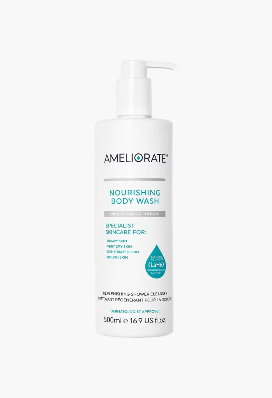 GLAM MODA AMELIORATE Nourishing Body Wash in a 500ml white pump bottle for dry and rough skin hydration.