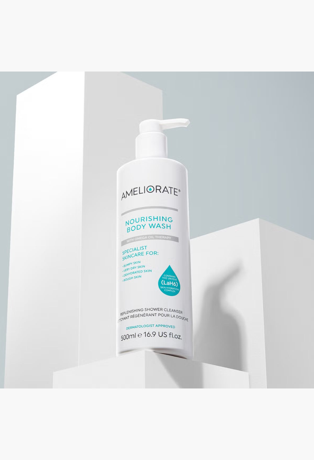 GLAM MODA AMELIORATE Nourishing Body Wash in a white pump bottle for dry skin with Omega oils and LaH6 complex.