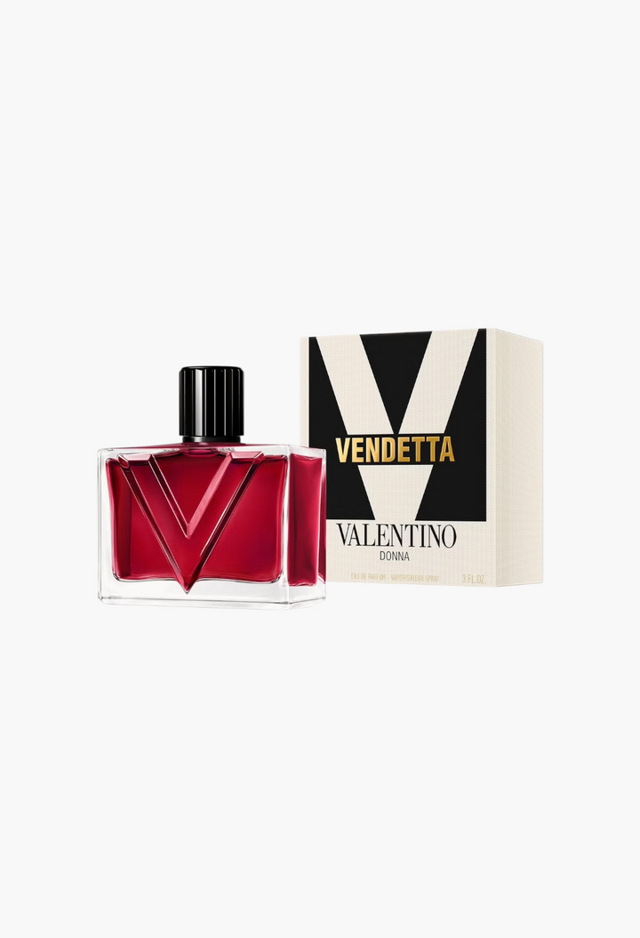 GLAM MODA Valentino Vendetta Donna Eau de Parfum bottle and box featuring a bold red liquid and architectural design.