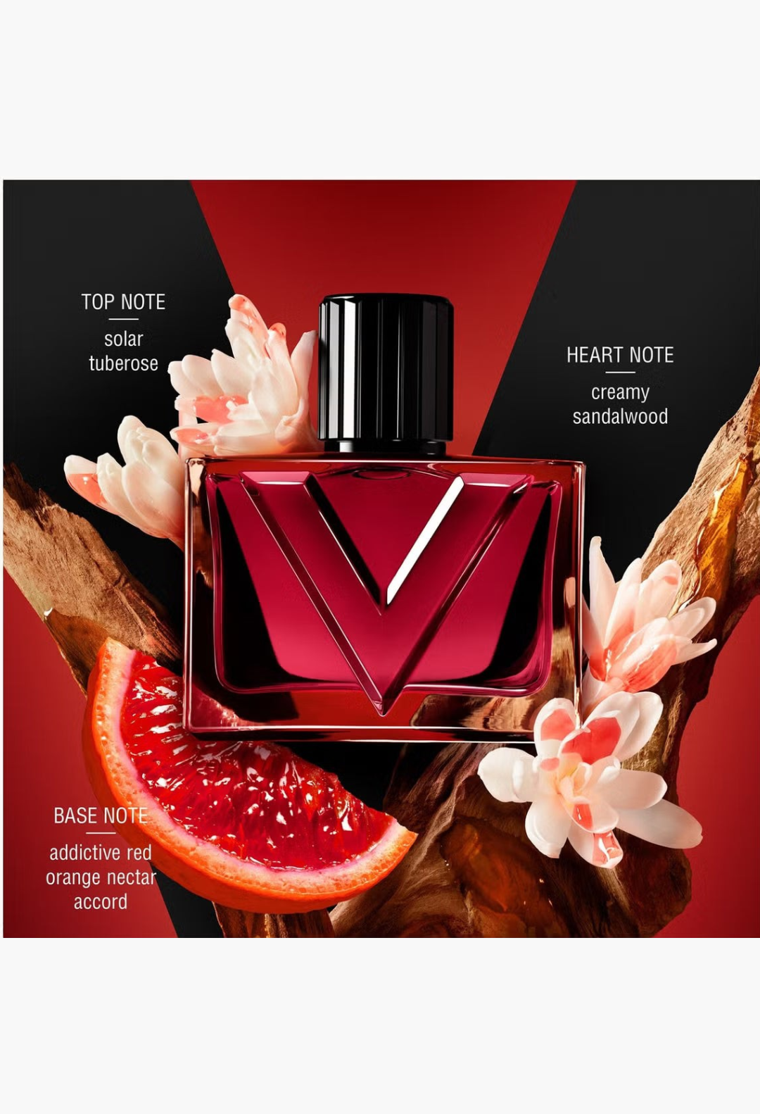 GLAM MODA Valentino Vendetta Donna perfume bottle with red glass, tuberose flowers, sandalwood, and red orange nectar.