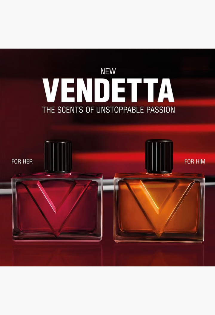 GLAM MODA Valentino Vendetta Donna Eau de Parfum bottles in red and orange glass with iconic V design