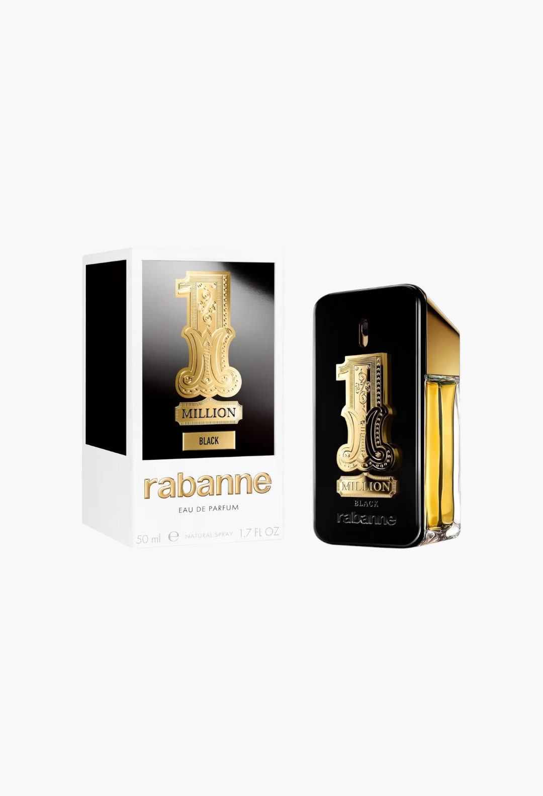 GLAM MODA Rabanne 1 Million Black Eau de Parfum bottle and box featuring iconic gold logo on black glass