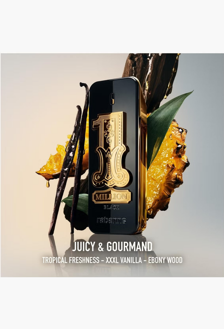 GLAM MODA Rabanne 1 Million Black Eau de Parfum bottle with vanilla beans and pineapple accents on a neutral background