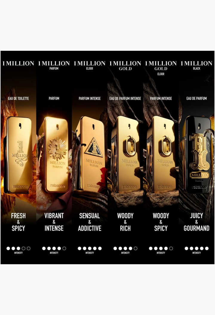 GLAM MODA collection of Rabanne 1 Million fragrance bottles including the new Black Eau de Parfum in a gold lineup