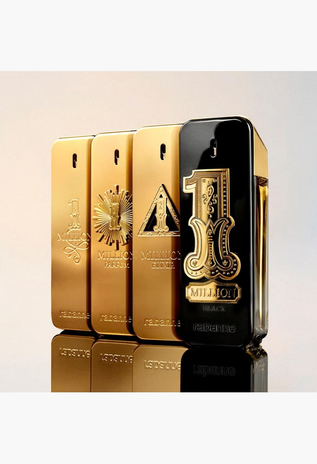 GLAM MODA collection of Rabanne 1 Million fragrance bottles featuring the new black and gold edition