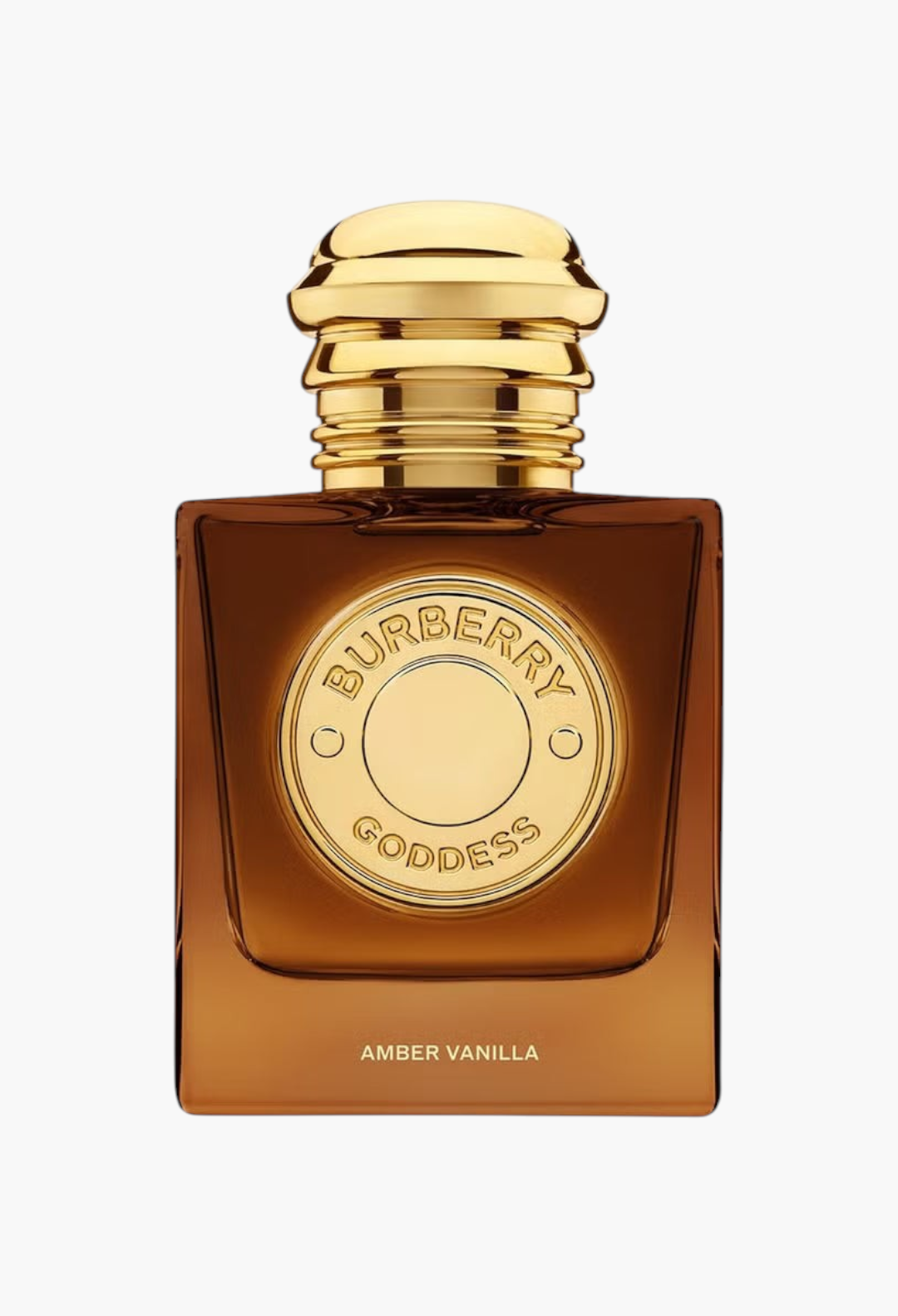 GLAM MODA Burberry Goddess Amber Vanilla perfume in a square amber glass bottle with a gold cap and medallion.