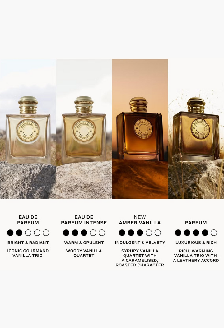 GLAM MODA collection of four Burberry Goddess amber vanilla eau de parfum bottles with golden caps and medallions