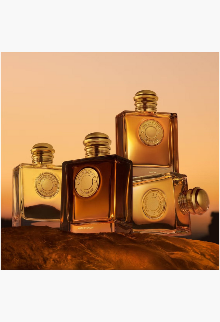 GLAM MODA Burberry Goddess Amber Vanilla perfume bottles with golden caps and amber gradient glass in a group display