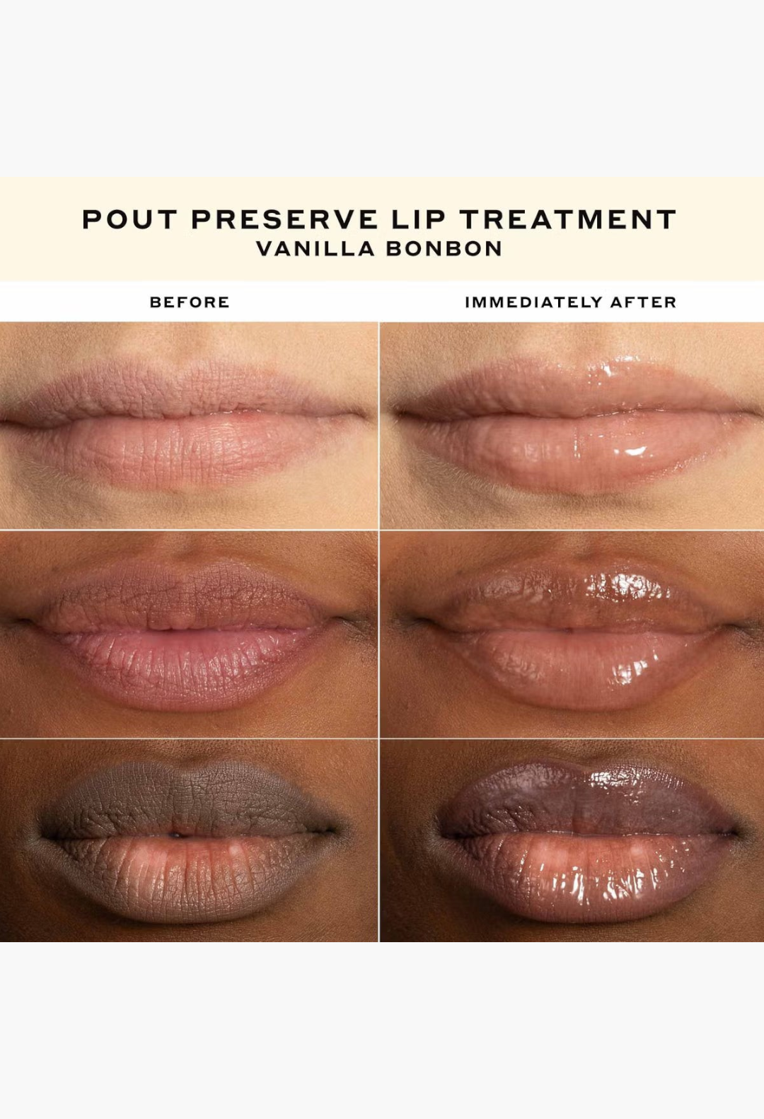GLAM MODA Ole Henriksen Vanilla Bonbon Pout Preserve lip treatment showing application steps on lips for glossy hydration