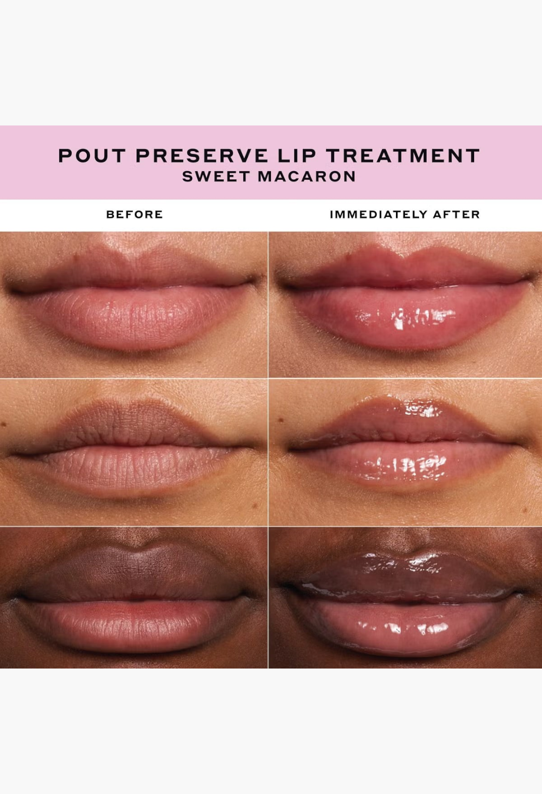 GLAM MODA Ole Henriksen Sweet Macaron Pout Preserve lip treatment showing before and after application on lips.