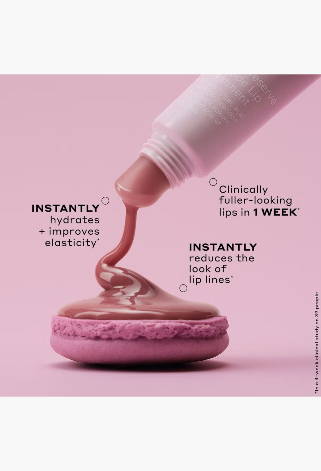 GLAM MODA Ole Henriksen Sweet Macaron Pout Preserve peptide lip treatment balm being squeezed onto a pink macaron.