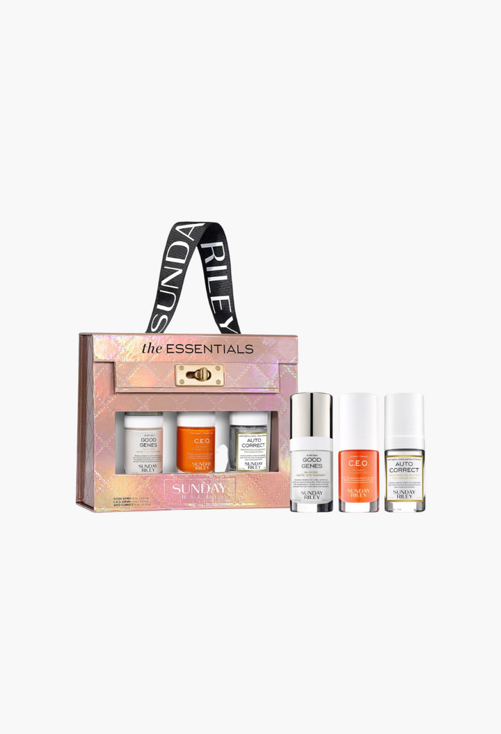 GLAM MODA Sunday Riley The Essentials skincare kit featuring Good Genes, C.E.O. serum, and Auto Correct eye cream.