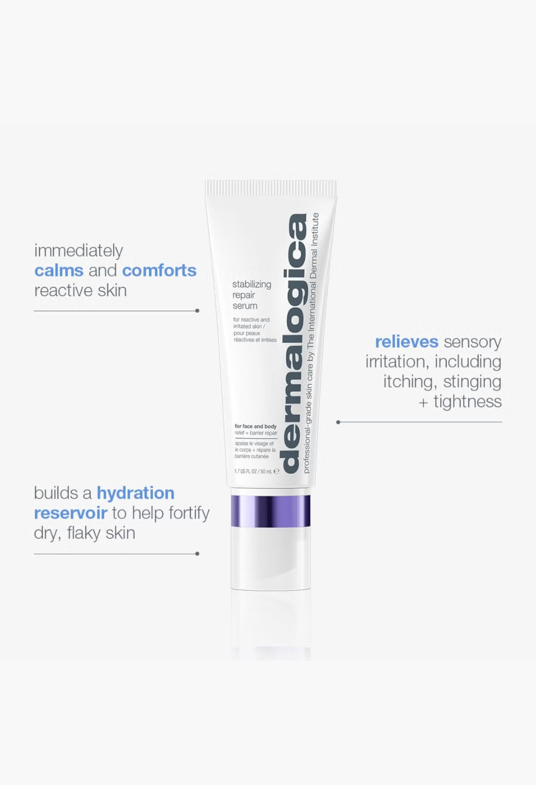 GLAM MODA Dermalogica Stabilizing Repair Serum in a white tube with purple accents for soothing reactive skin.