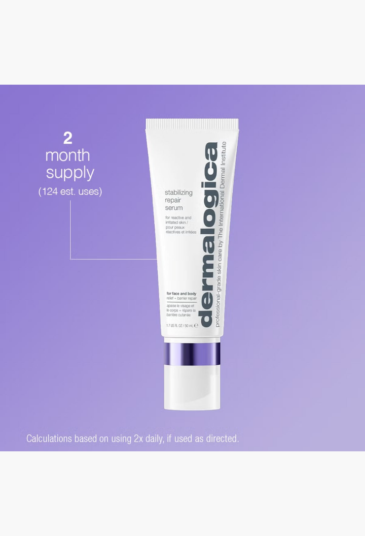 GLAM MODA Dermalogica Stabilizing Repair Serum in a white tube with purple accents for reactive and sensitive skin.